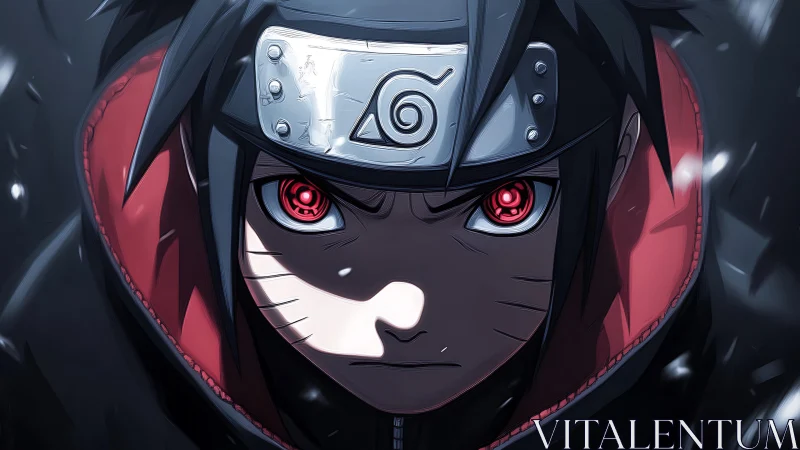 Intense ninja portrait with glowing red eyes in snowfall.