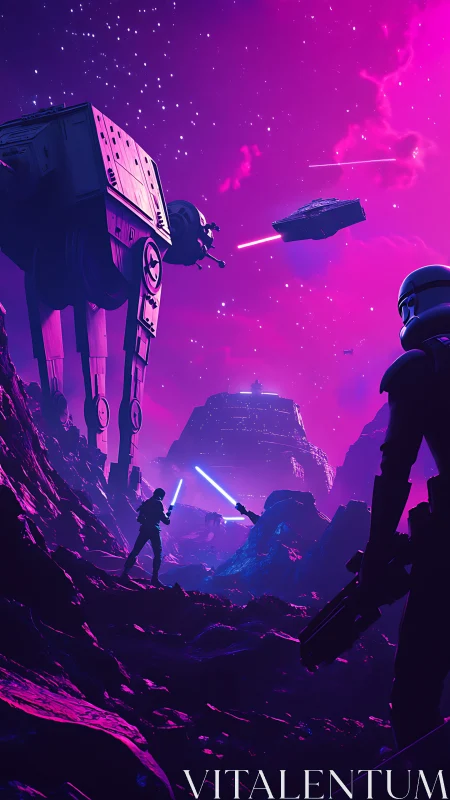 Neon magenta sci fi battlefield with walkers and laser duel