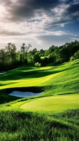 Sunlit championship golf course under dramatic stormlight.