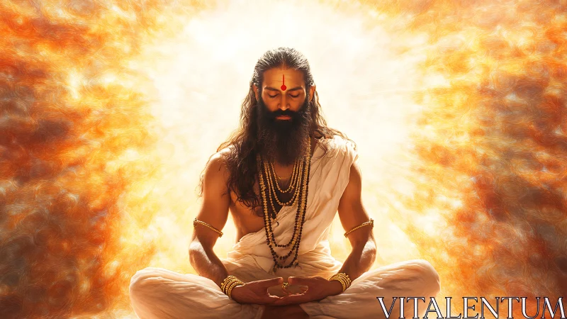 Ascetic yogi in radiant fractal aura during deep meditation.