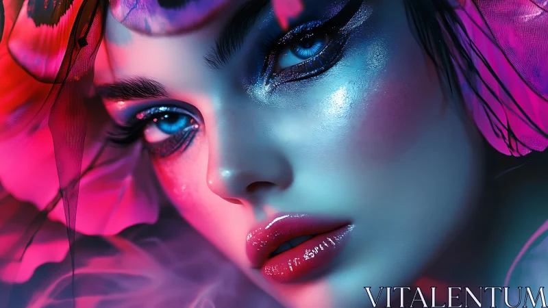 Close-up digital portrait shows stylized face in neon light