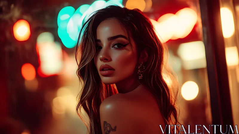 Cinematic bokeh portrait with neon backlighting and warm tones