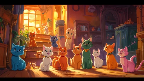 Colorful Cats Gather in Golden Sunlit Room.