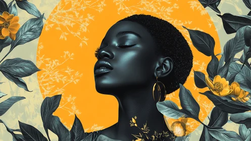 Profile portrait with foliage against circular orange backdrop.