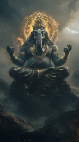 Radiant elephant-headed deity sits in peaceful fiery meditation