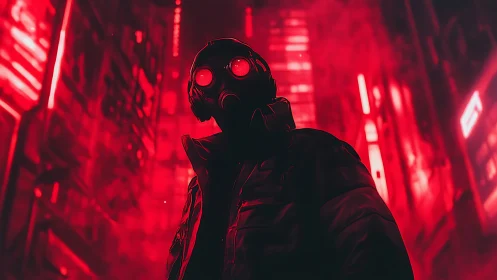Masked drifter under neon smog in crimson cyber alley.