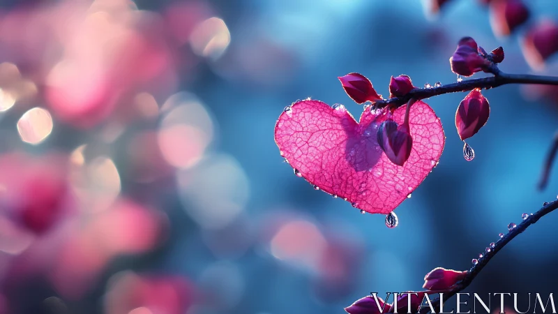 Translucent Heart-Shaped Leaf with Water Droplets against Blue Background.