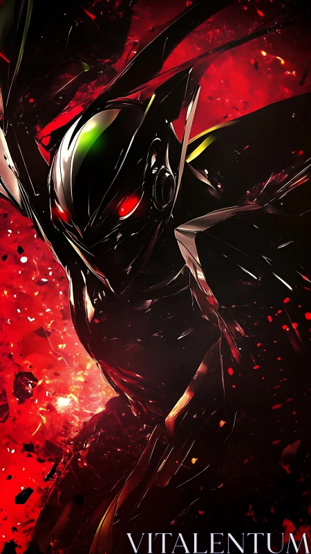 High-contrast armored mecha with reflective plating in explosive motion