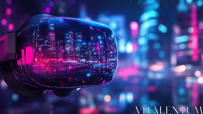 Neon urban skyline refracted in glossy VR headset optics.