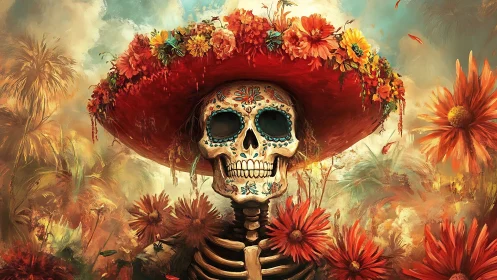 Skeleton with floral hat in stylized autumn landscape.