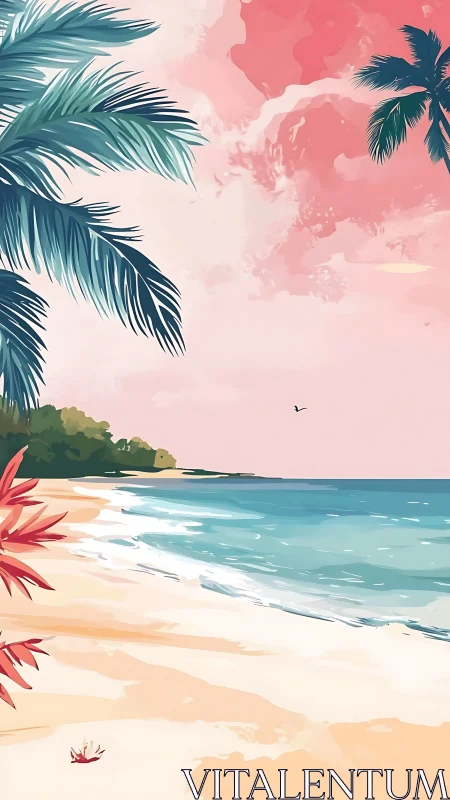 Tropical Beach Serenity: Palm Fronds, Turquoise Waves, Pink Watercolor Sky