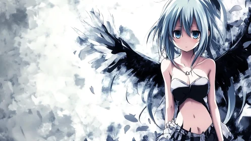 Melancholic winged anime girl stands amid abstract feathers.