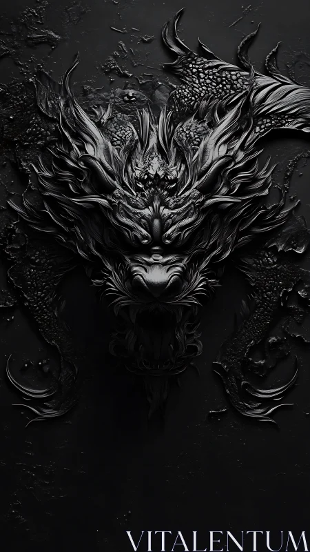 Monochrome embossed dragon mask with baroque textural relief