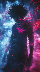 Dark anime figure stands in glowing red and blue energy