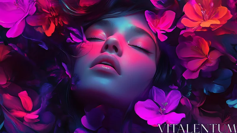 Digital portrait shows closed-eyed face surrounded by flowers