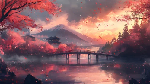 Red autumn landscape shows bridge, pagoda and distant mountain