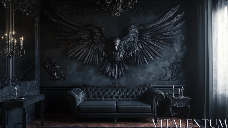 Dark winged raven mural dominates moody gothic lounge wall.