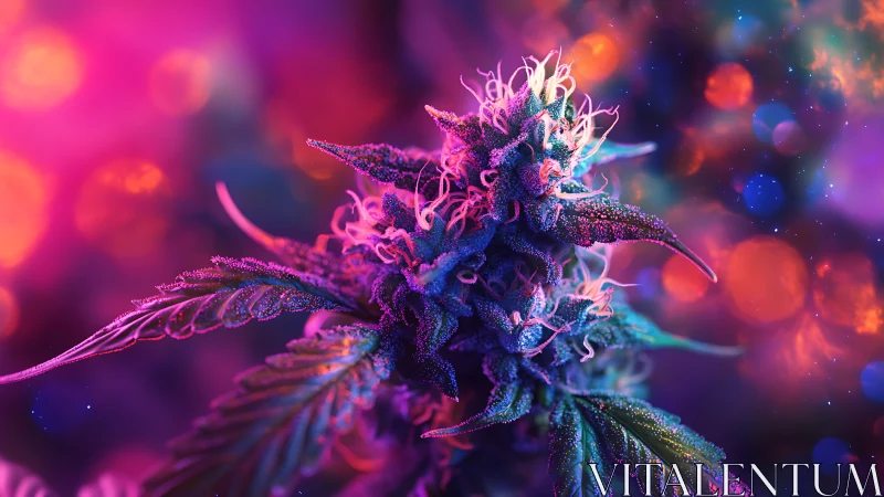 Cannabis flower macro under multicolored studio lighting.