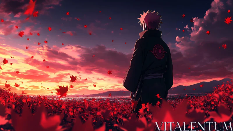 Solitary ninja watches crimson leaves drift at sunset