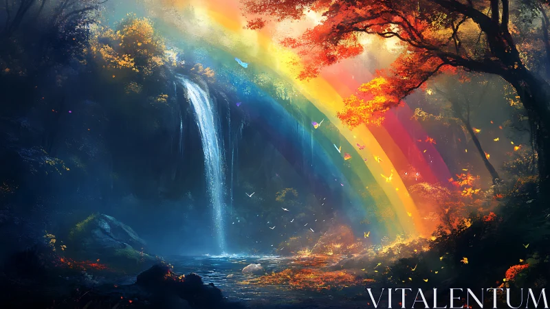 Rainbow arcs across enchanted waterfall forest clearing.
