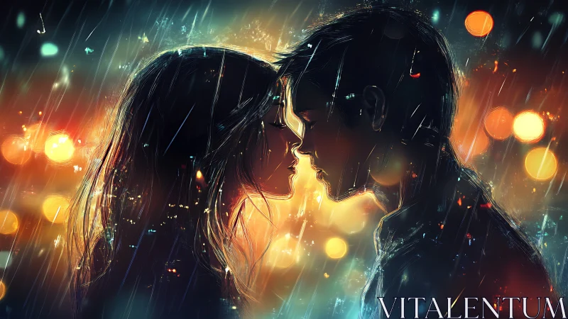 Two souls collide where neon rain dances between them