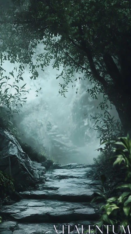 Misty Forest Stream Beneath Tree Canopy