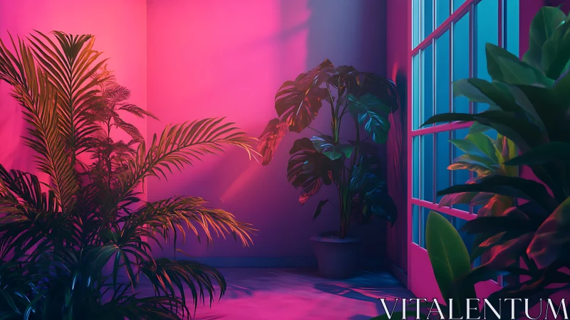 Bicolor LED lighting sculpts tropical houseplants in corner room