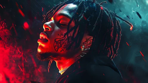 Moody neon portrait of a rapper in glowing red and blue.