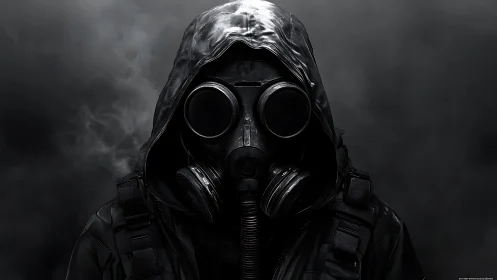 Hooded figure in gas mask stands in dense toxic smoke