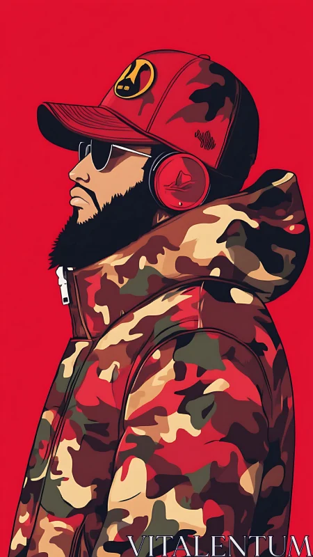 Profile portrait shows man in red camo jacket against red field