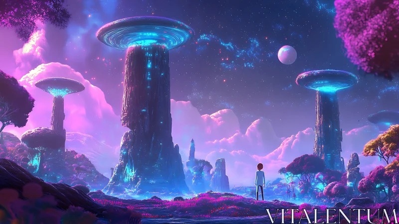 Bioluminescent alien mesa towers under nebula sky at dusk