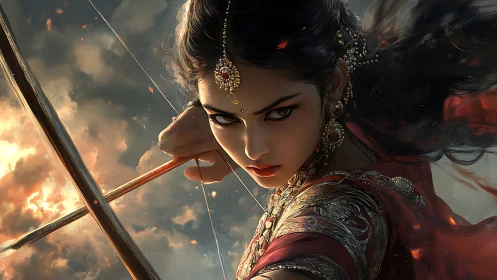 Fierce archer heroine framed in firelit stormy skies.