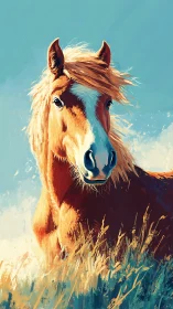 Sunlit copper horse gazes through windswept meadow light.