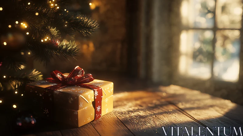 Warm bokeh-lit Christmas gift box under tree in shallow focus