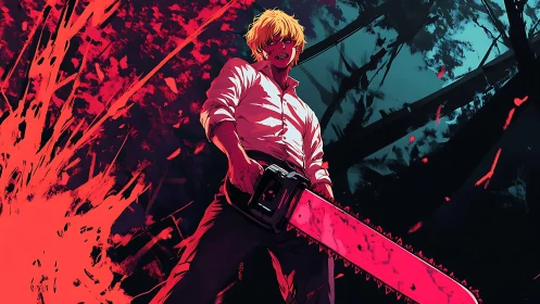 Blood-drenched chainsaw rebel howls beneath neon forest sky.
