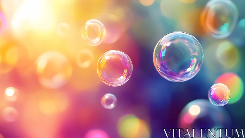 Iridescent soap bubbles drift across dreamy rainbow light.