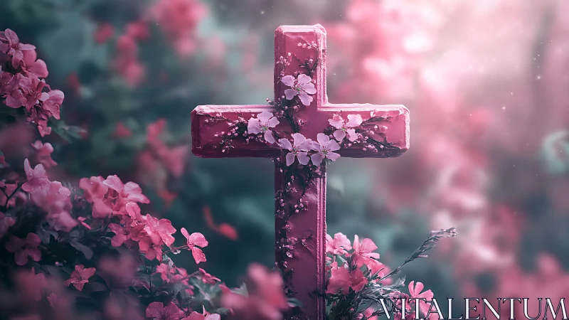 Gentle pink cross resting in a dreamy spring garden glow.