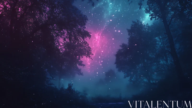 Enchanted nebula forest under bioluminescent night sky.