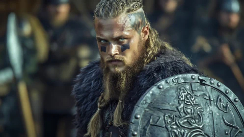 Viking warrior in shallow-depth portrait holds engraved metal shield