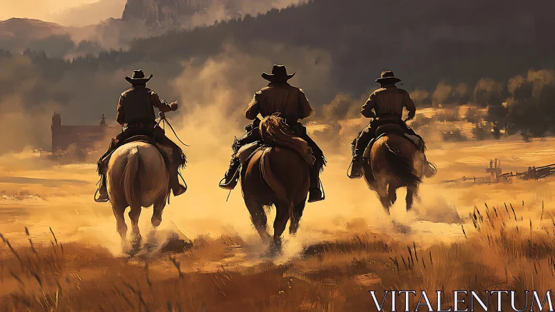 Sunlit cowboys riding home through golden prairie dust.