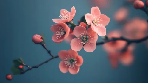 Pink Cherry Blossoms Against Teal Sky.