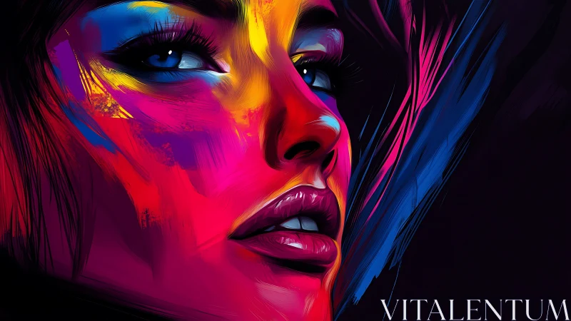 Neon-lit female portrait in saturated abstract brush strokes.