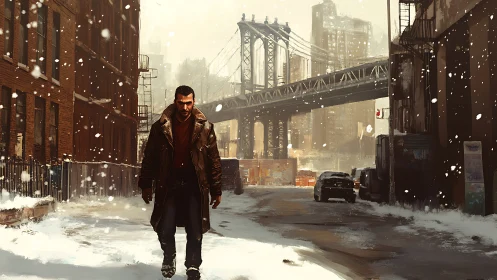 Snow-dusted city alley welcomes a determined winter wanderer