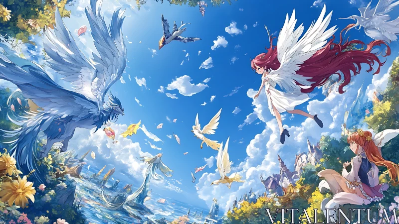 Winged maidens and celestial birds in panoramic sky realm.
