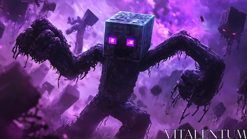 Giant pixelated monster in purple stormy digital void.