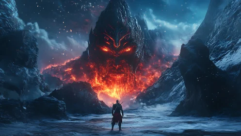 Lone hero meets a molten mountain god in a frozen realm.