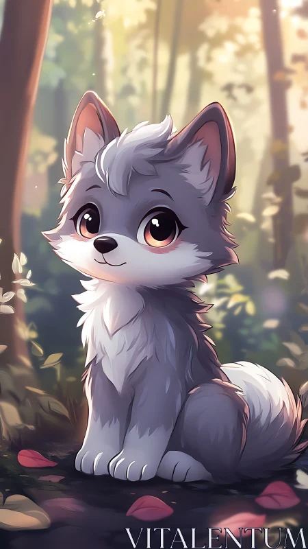 Soft-lit chibi wolf pup sitting in tranquil forest clearing.