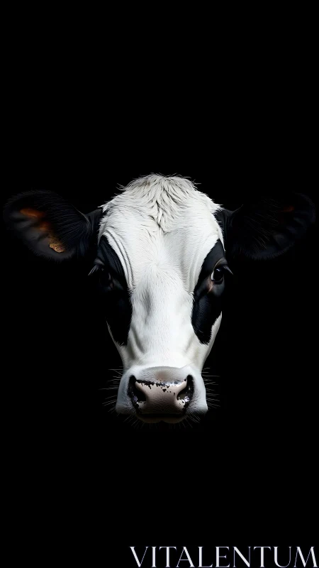 Calm cow portrait glowing gently from velvety darkness.