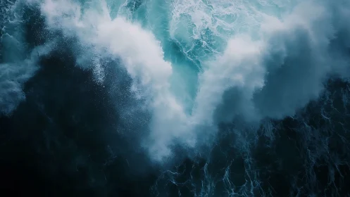 Roaring teal ocean wave crashes in a dramatic aerial view