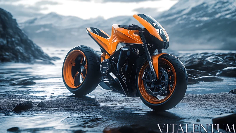 Neon storm bike hums quietly against frozen mountain silence